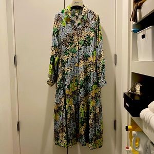 Long, raglan sleeve rayon floral dress with hidden buttons